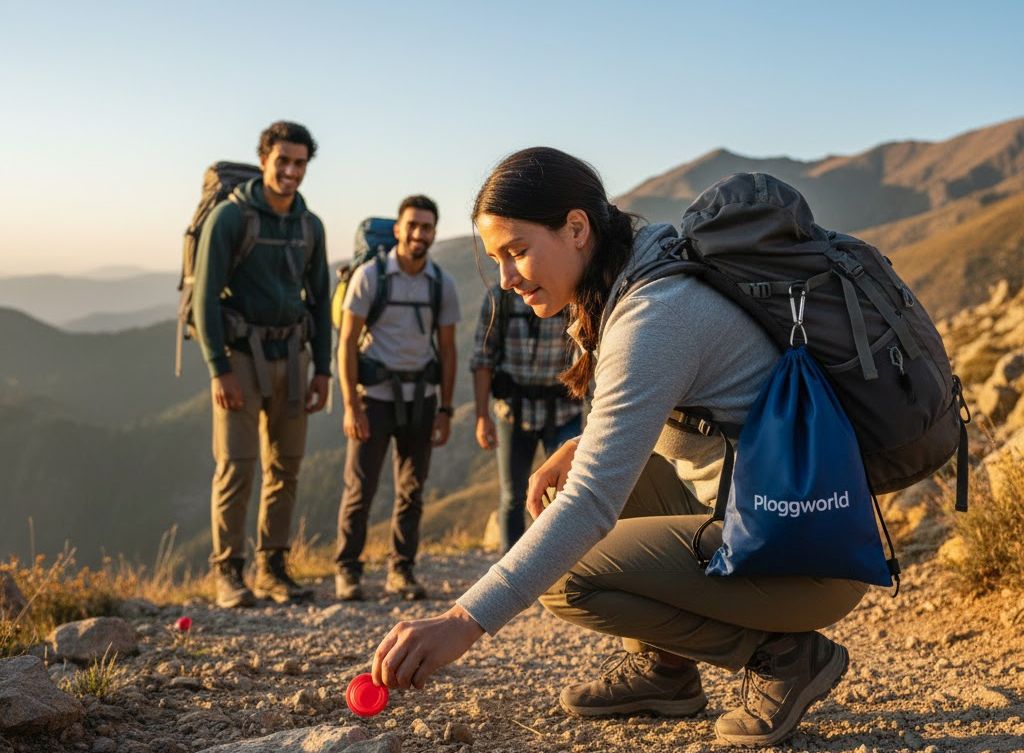 Gruppe beim Wandern hebt einen Plastikdeckel vom Boden auf