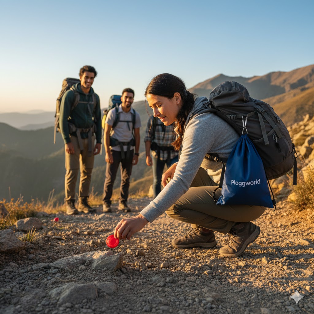Wandergruppe mit Ploggworld-Sportbag, Plogger hebt Plastik auf